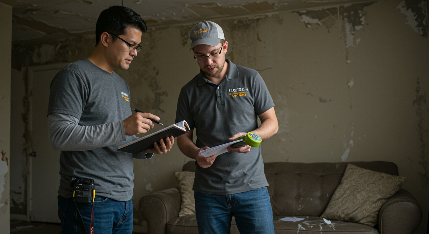 A team of two inspectors discussing findings in a living room affected by mold and water damage. They are reviewing notes and using equipment like moisture meters and cameras, showcasing teamwork and professionalism.