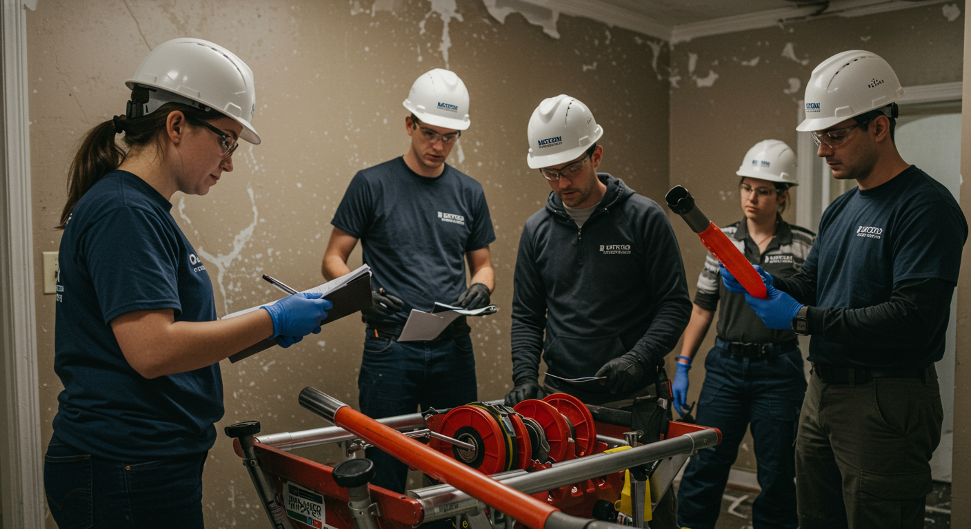 A team of water mitigation professionals collaborating on a restoration project, with one member inspecting the damage and others preparing equipment.