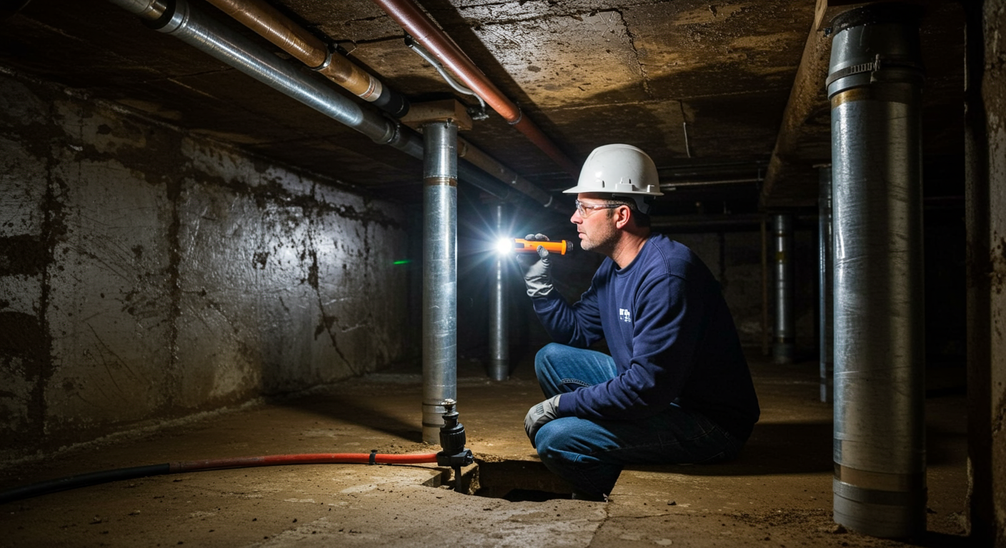 A professional technician inspecting a crawl space with a flashlight, showcasing the importance of regular maintenance. The crawl space is well-lit, revealing clean, dry conditions.