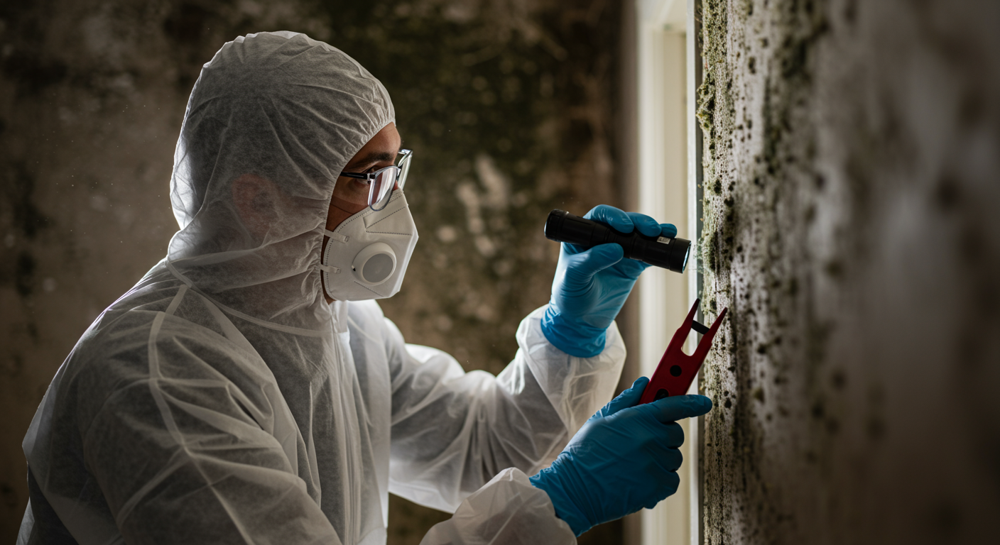 A professional mold inspector examining a wall with visible mold growth using a flashlight and tools. The inspector is wearing protective gear, showcasing the seriousness of the mold issue.