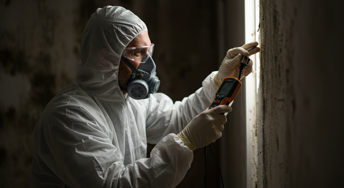 A professional mold inspector examining a damp wall with a moisture meter, showcasing the process of identifying mold presence.