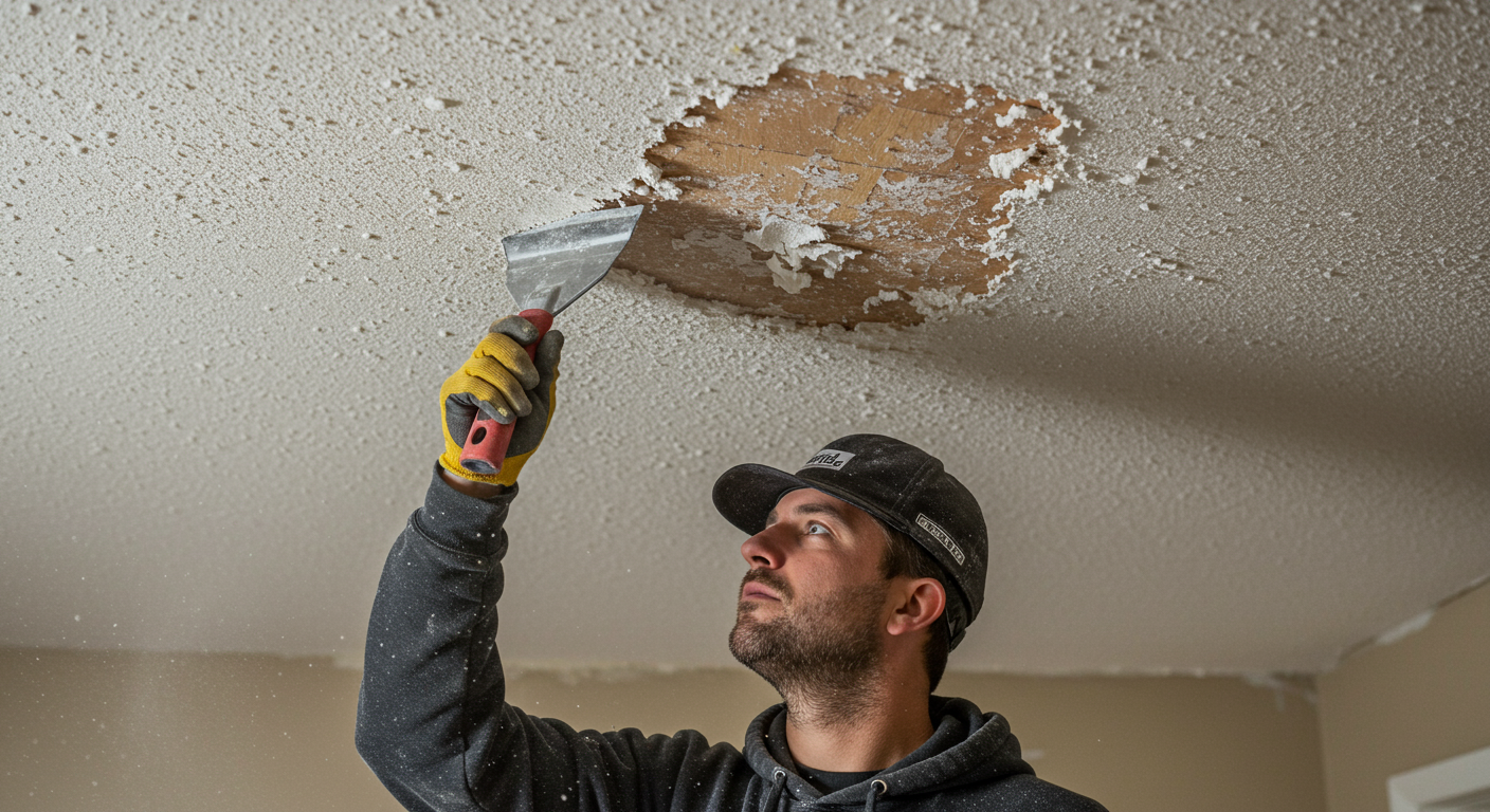 A professional contractor in action, carefully scraping away a popcorn ceiling with a scraper. Dust and debris are visible, showcasing the work involved in the removal process.