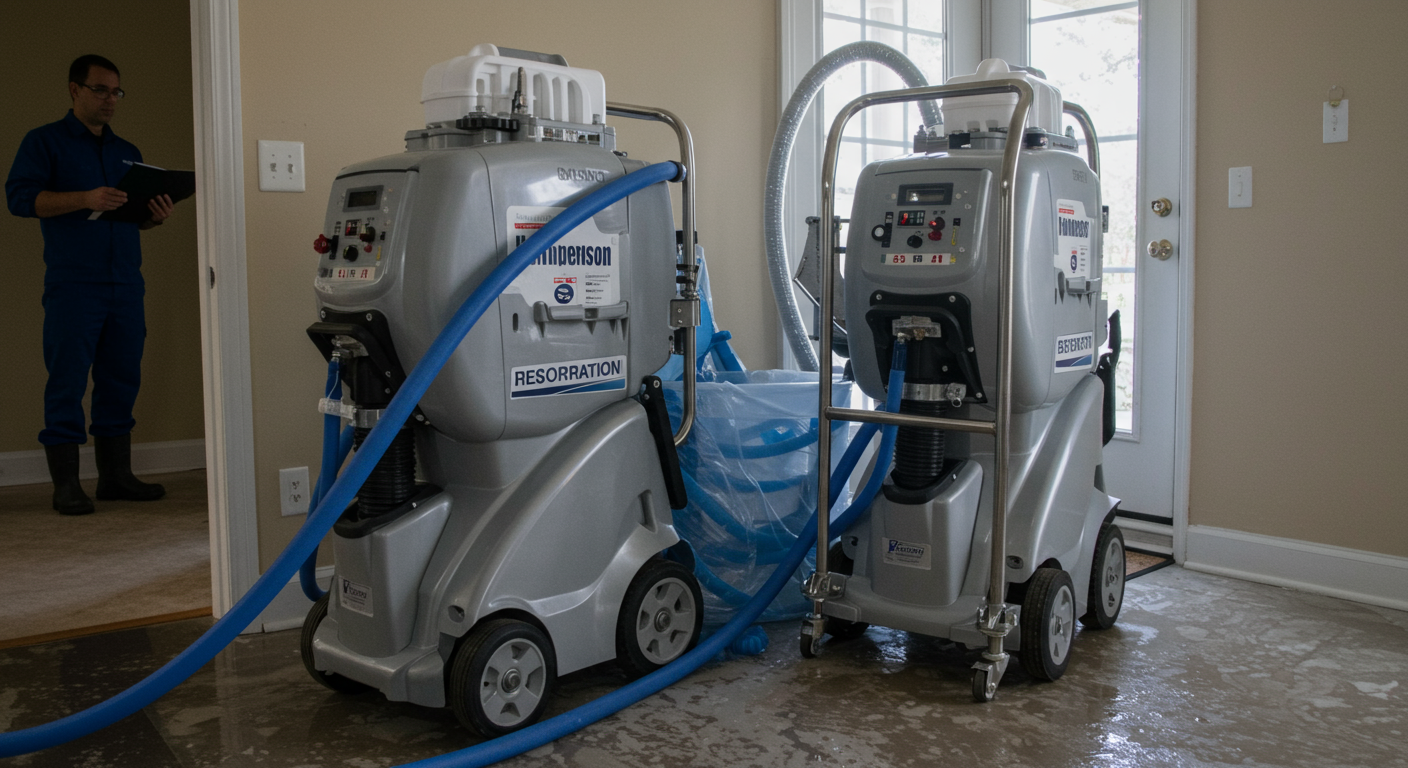 Restoration process featuring industrial water extraction machines in action